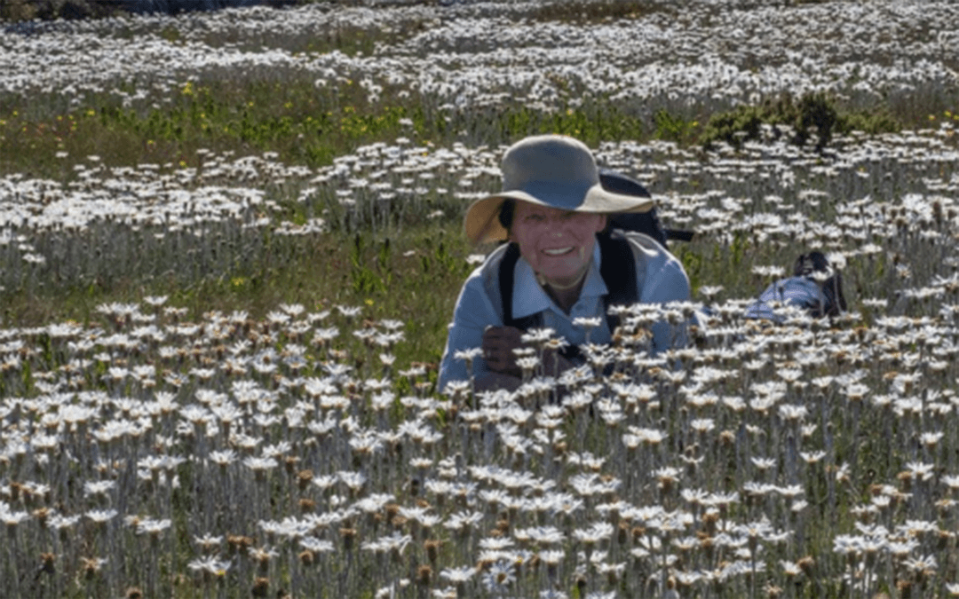 Woman crouching in field of daisies