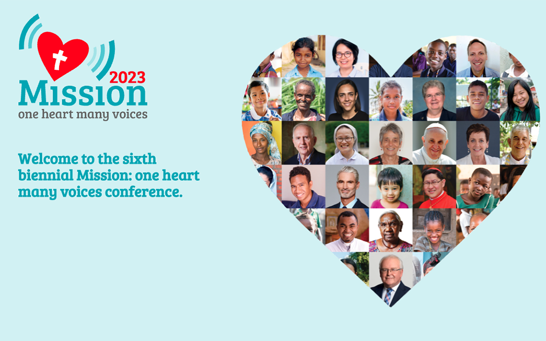 Mission: One Heart Many Voices logo with heart featuring collage of faces