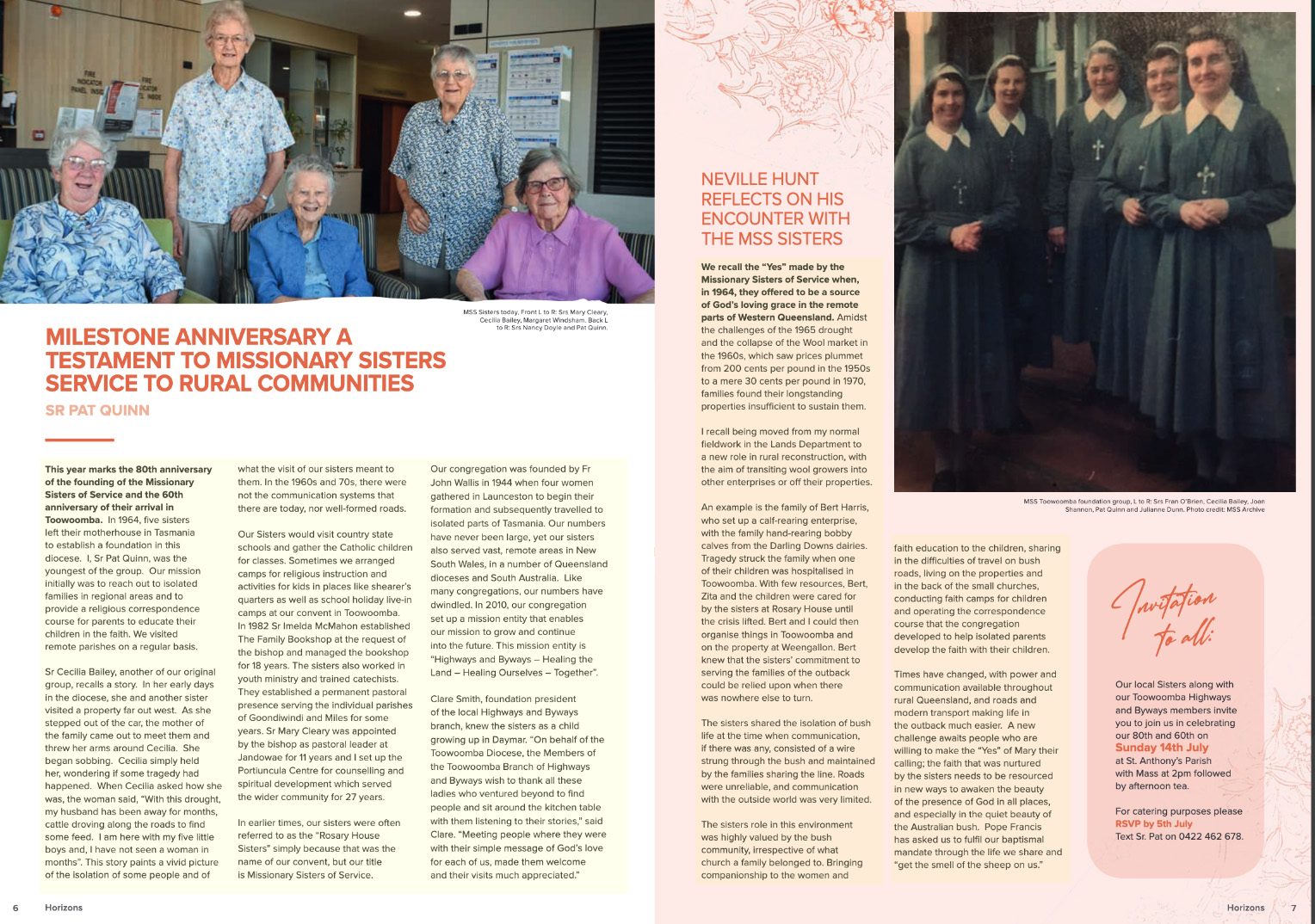 Two page spread of Horizons magazine Toowoomba Diocese